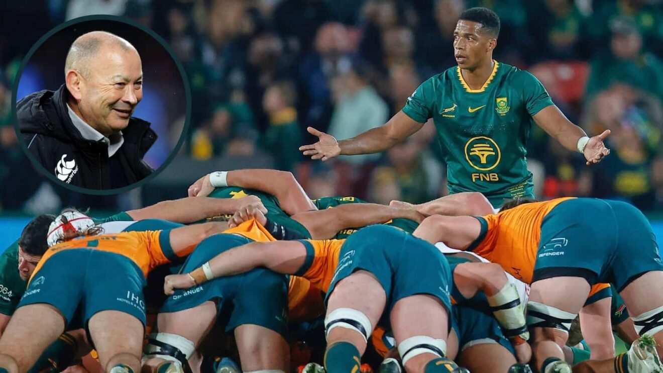 A scrum between the Springboks and Wallabies during the Rugby Championship and an inset of Japan head coach Eddie Jones.