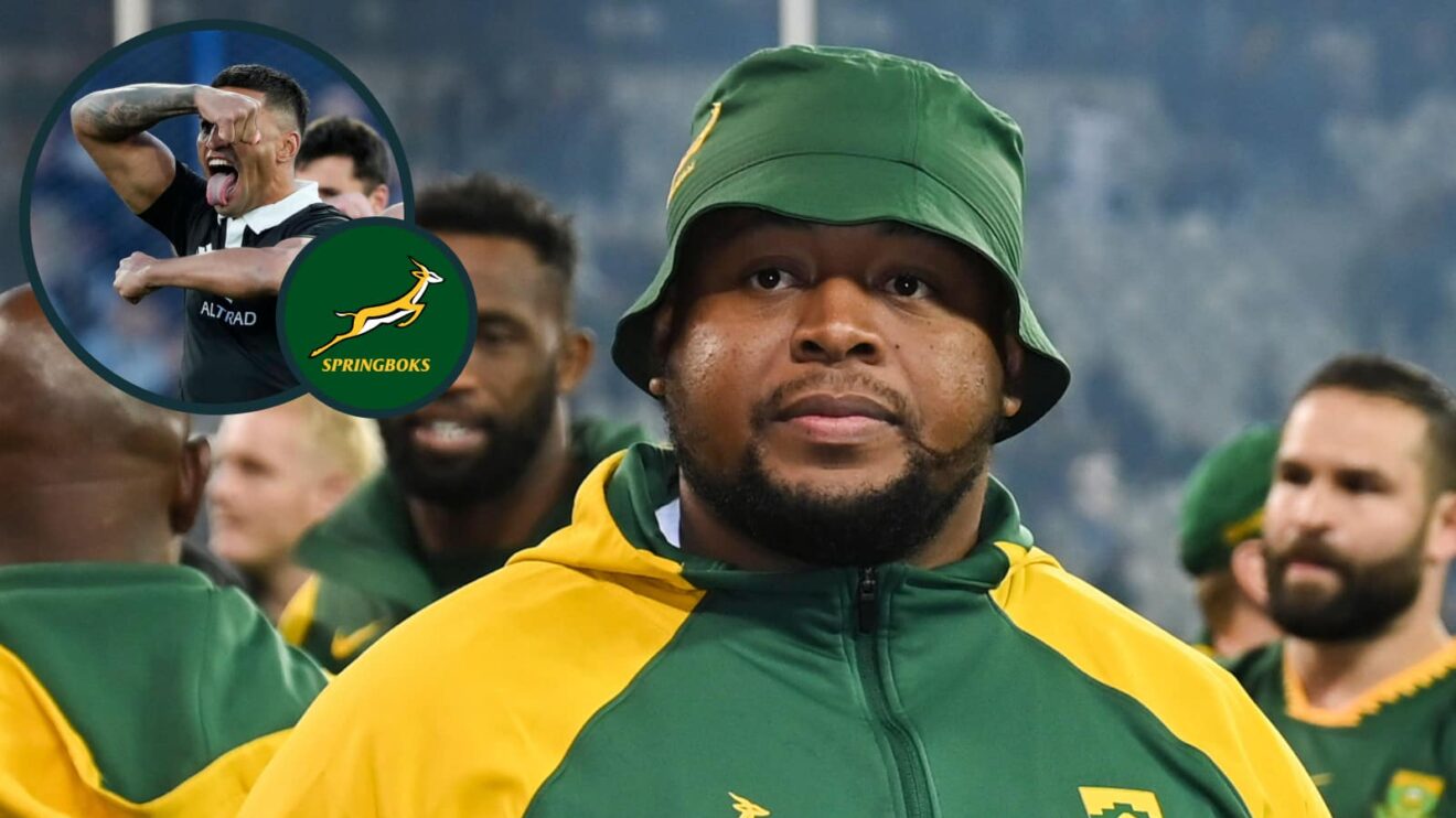 Springboks prop Asenathi Ntlabakanye and an inset of All Blacks back Rieko Ioane.