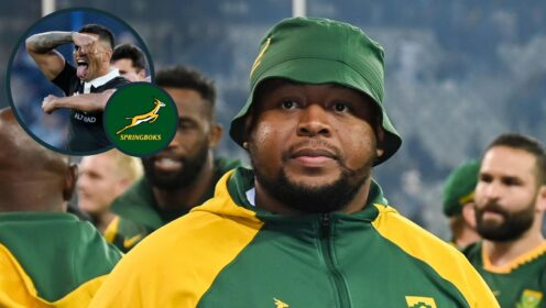 Springboks prop Asenathi Ntlabakanye and an inset of All Blacks back Rieko Ioane.