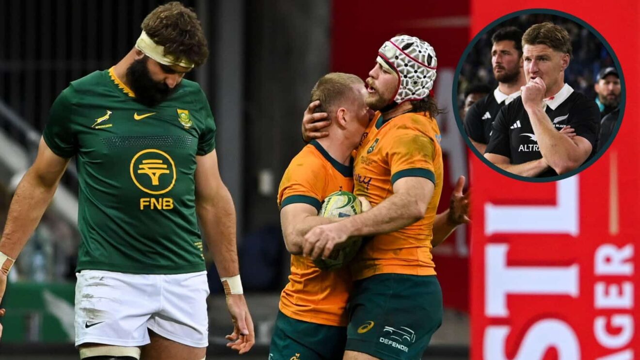 Max Jorgensen of Australia celebrates with Fraser McReight and an inset of All Blacks centre Jordie Barrett.