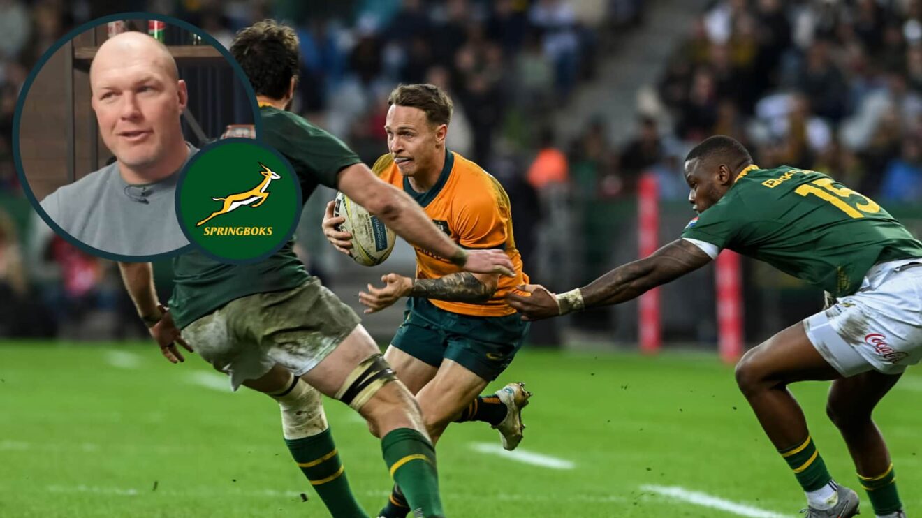Springboks full-back Aphelele Fassi attempts a tackle on Australia's Corey Toole and an inset of ex-flanker Schalk Burger.