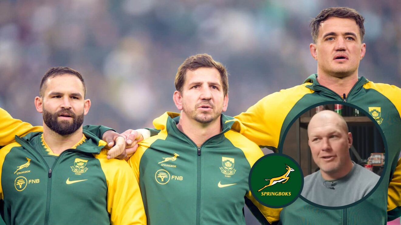 Springboks Cobus Reinach, Kwagga Smith, Franco Mostert and an inset of legendary flanker Schalk Burger.