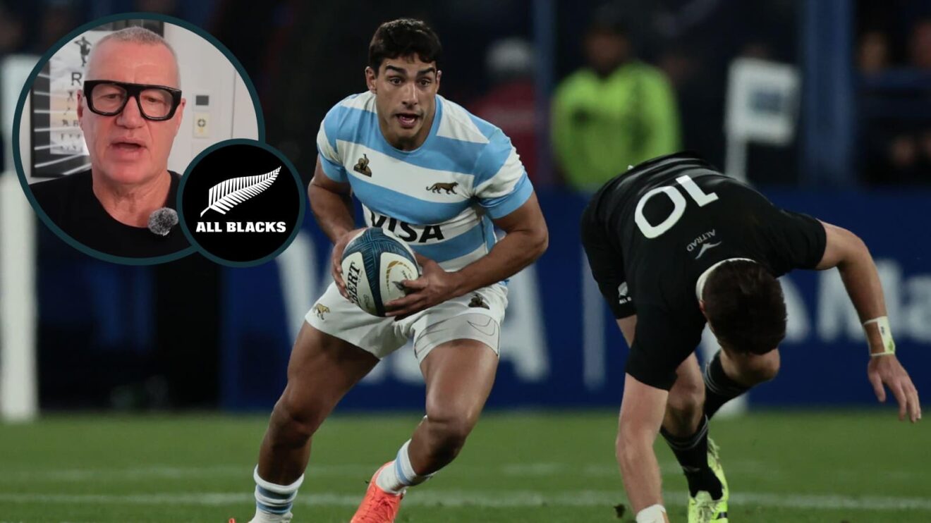 Argentina fly-half Santiago Carreras evades All Blacks star Beauden Barrett and an inset of Sir John Kirwan.