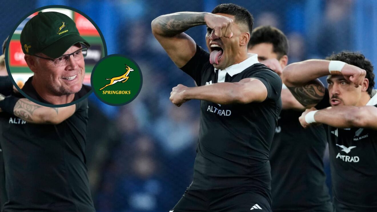 All Blacks back Rieko Ioane performs the Haka and an inset of Springboks boss Rassie Erasmus.