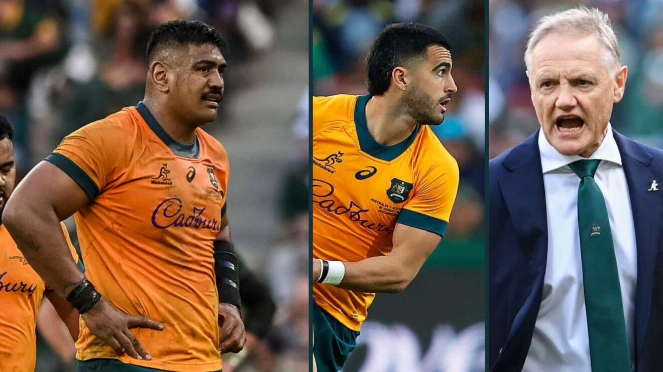Wallabies Will Skelton and Tom Wright and head coach Joe Schmidt