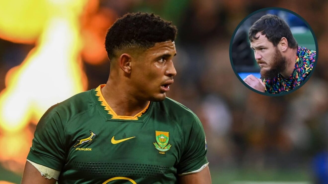 Springboks playmaker Sacha Feinberg-Mngomezulu and an inset of hooker Marnus van der Merwe.