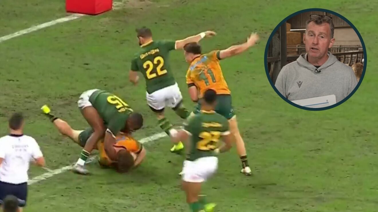 Aphelele Fassi's turnover against the Wallabies and an inset of former referee Nigel Owens.