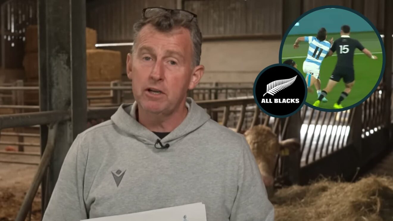 Former referee Nigel Owens and an inset of All Blacks full-back Will Jordan's yellow card against Argentina.