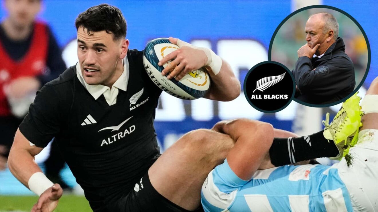 Full-back Will Jordan and an inset of ex-All Blacks coach Sir Graham Henry.
