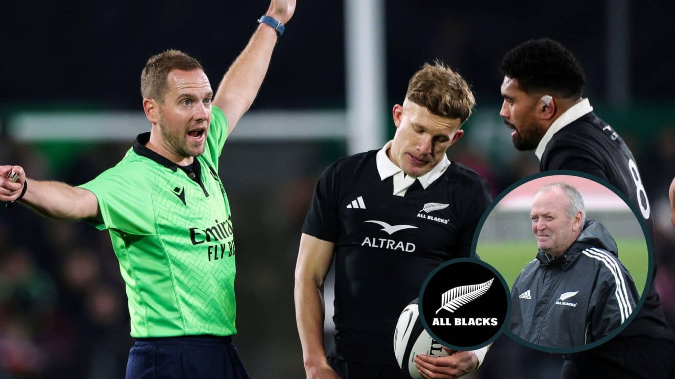 Match referee Angus Gardner makes a decision as New Zealand's Damian McKenzie and Ardie Savea with an inset of ex-All Blacks coach Sir Graham Henry.