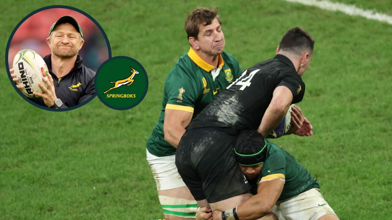 Kwagga Smith and Cheslin Kolbe tackle All Blacks' winger Will Jordan during the 2023 Rugby World Cup final and an inset of Springboks assistant coach Tony Brown.