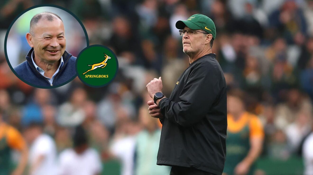 Springboks head coach Rassie Erasmus and an inset of Eddie Jones.