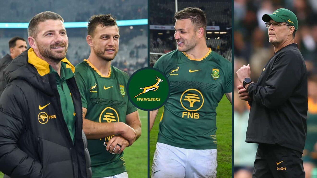 Springboks Willie Le Roux, Handre Pollard, Andre Esterhuizen and head coach Rassie Erasmus.