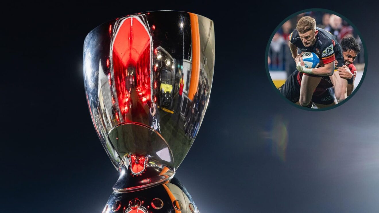 The Super Rugby Pacific trophy and an inset of Chiefs playmaker Damian McKenzie.