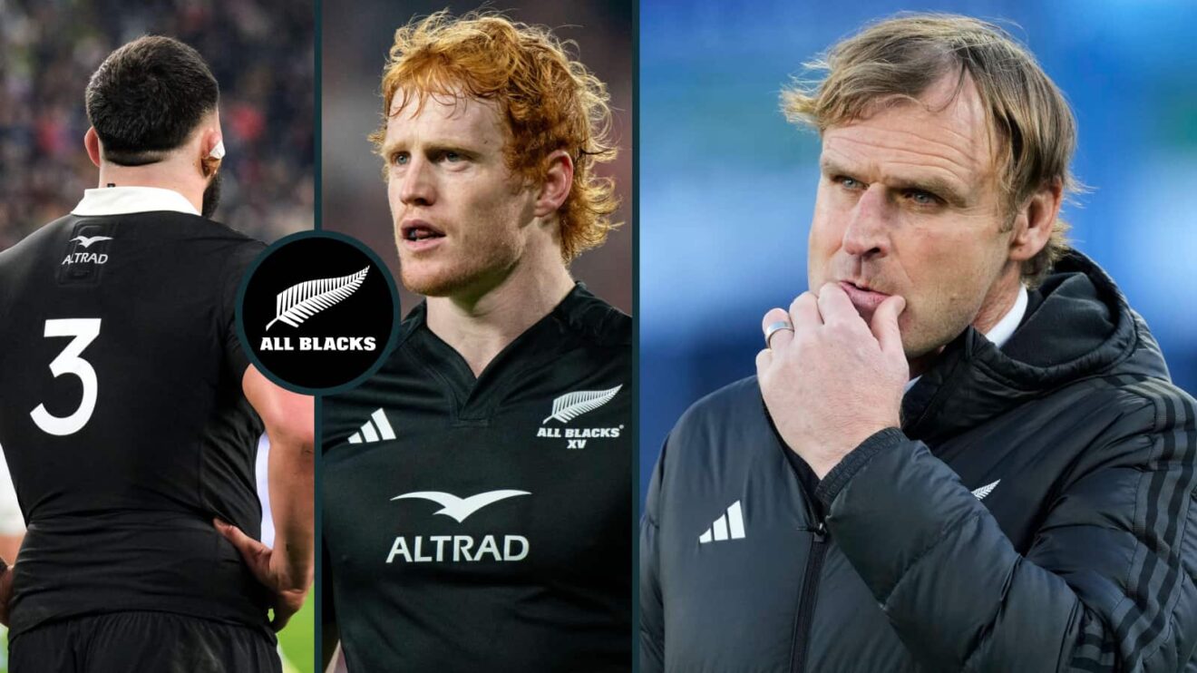 All Blacks Tyrel Lomax, Finlay Christie and head coach Scott Robertson.