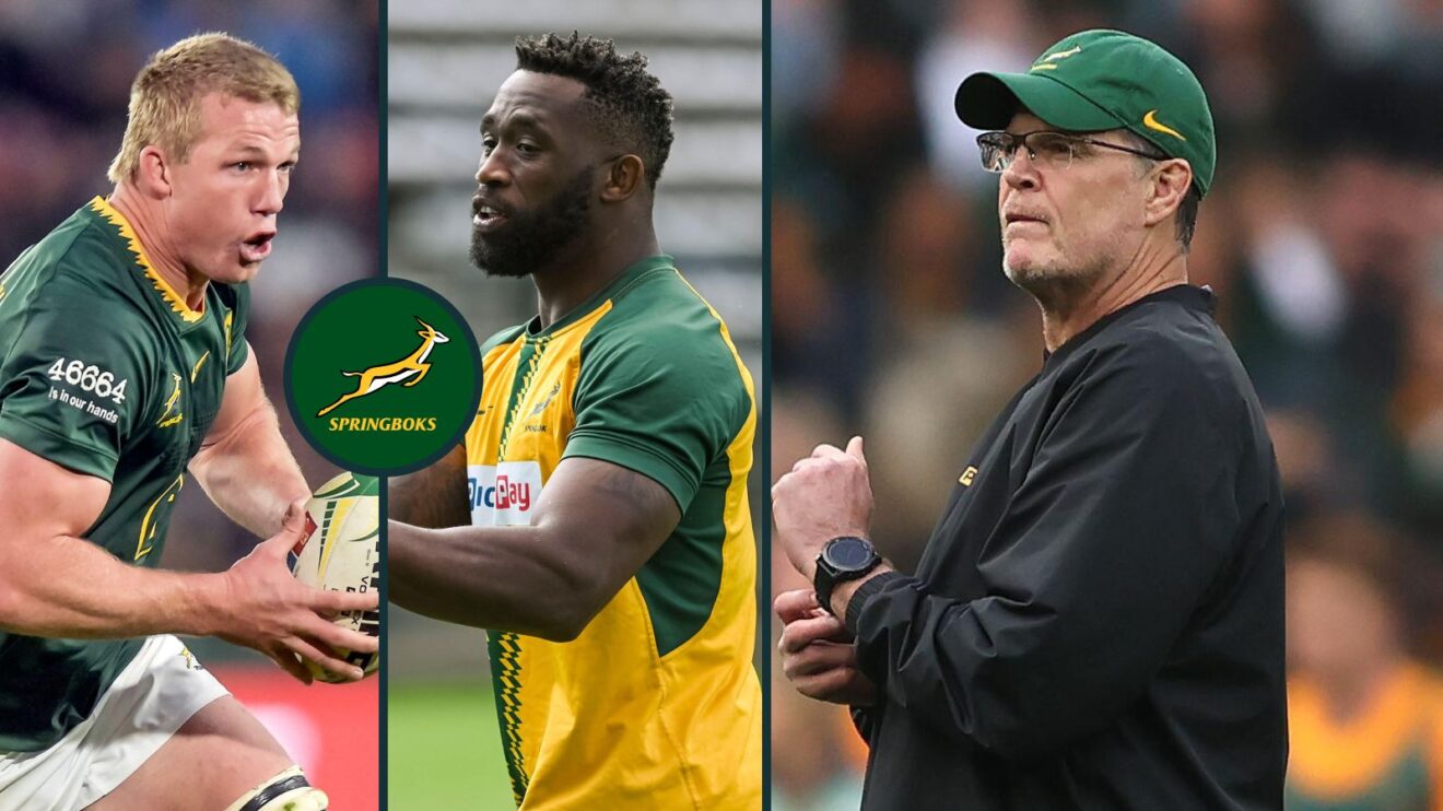 A three panel image of Rassie Erasmus, Siya Kolisi and Pieter-Steph du Toit