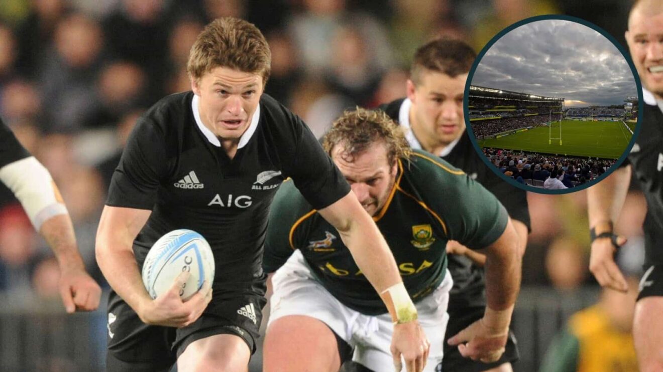 All Blacks back Beauden Barrett carries the ball against South Africa at Eden Park in 2013 with an inset of the stadium.
