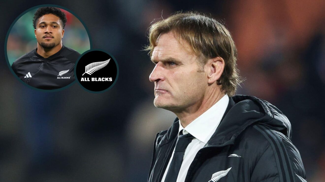 All Blacks coach Scott Robertson and an inset of Leicester Fainga’anuku.