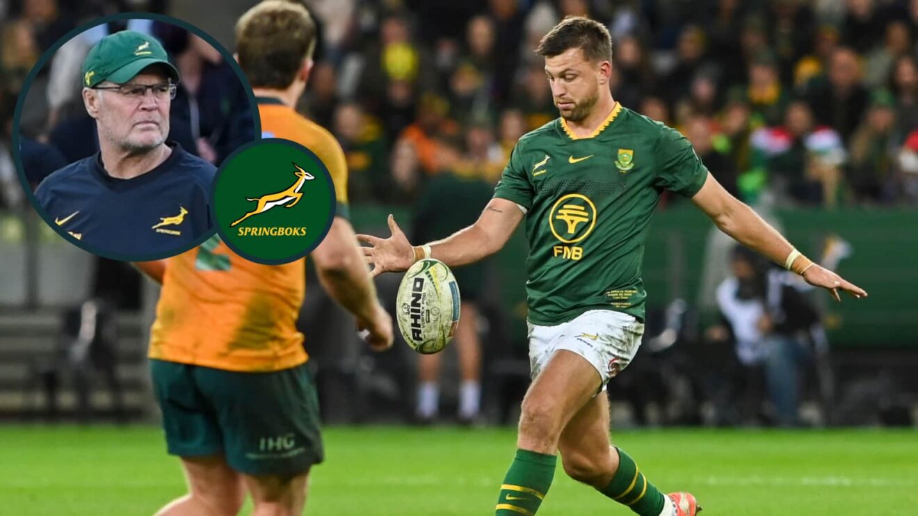 Springboks fly-half Handre Pollard and an inset of head coach Rassie Erasmus.
