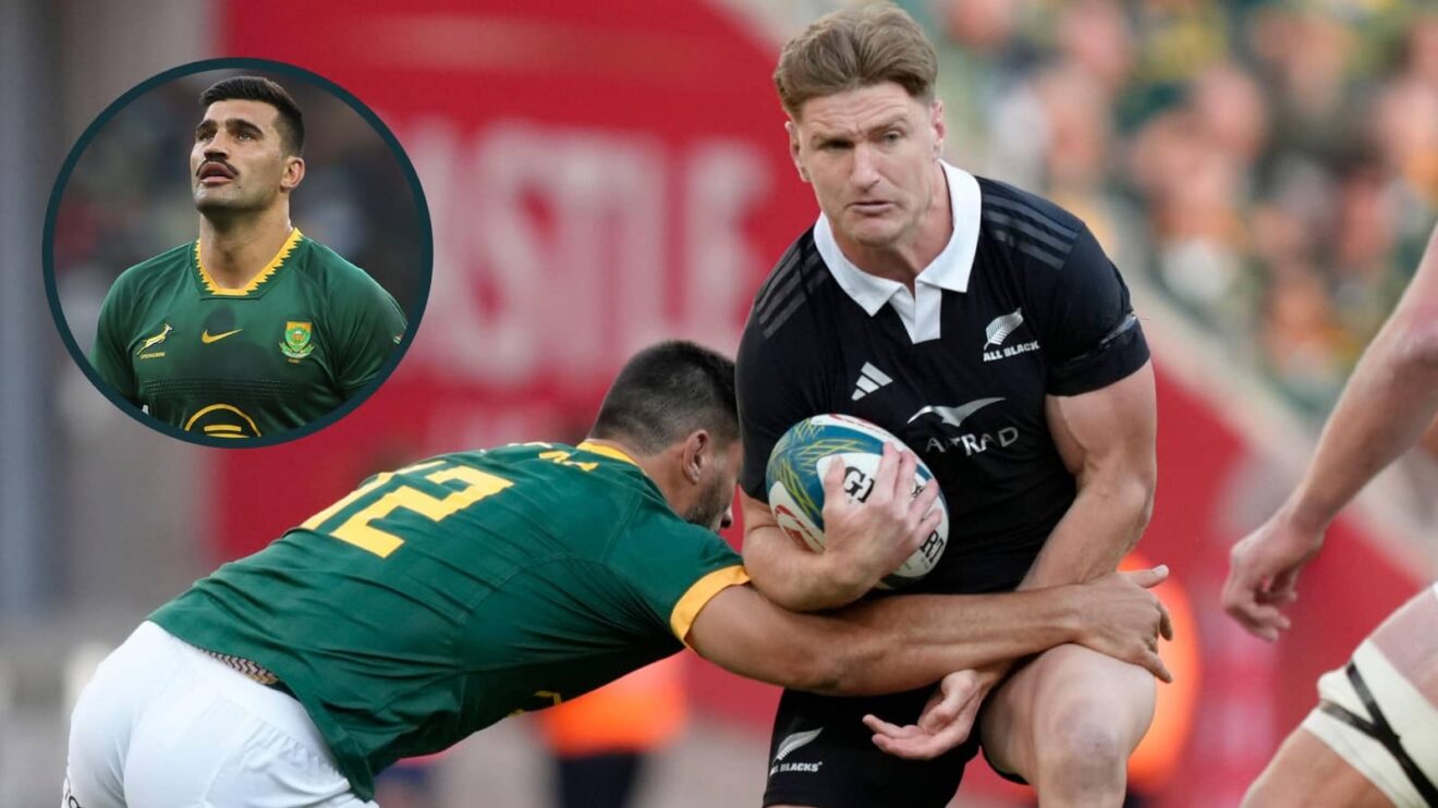 All Blacks midfielder Jordie Barrett in action against South Africa with an inset of Springboks centre Damian de Allende.