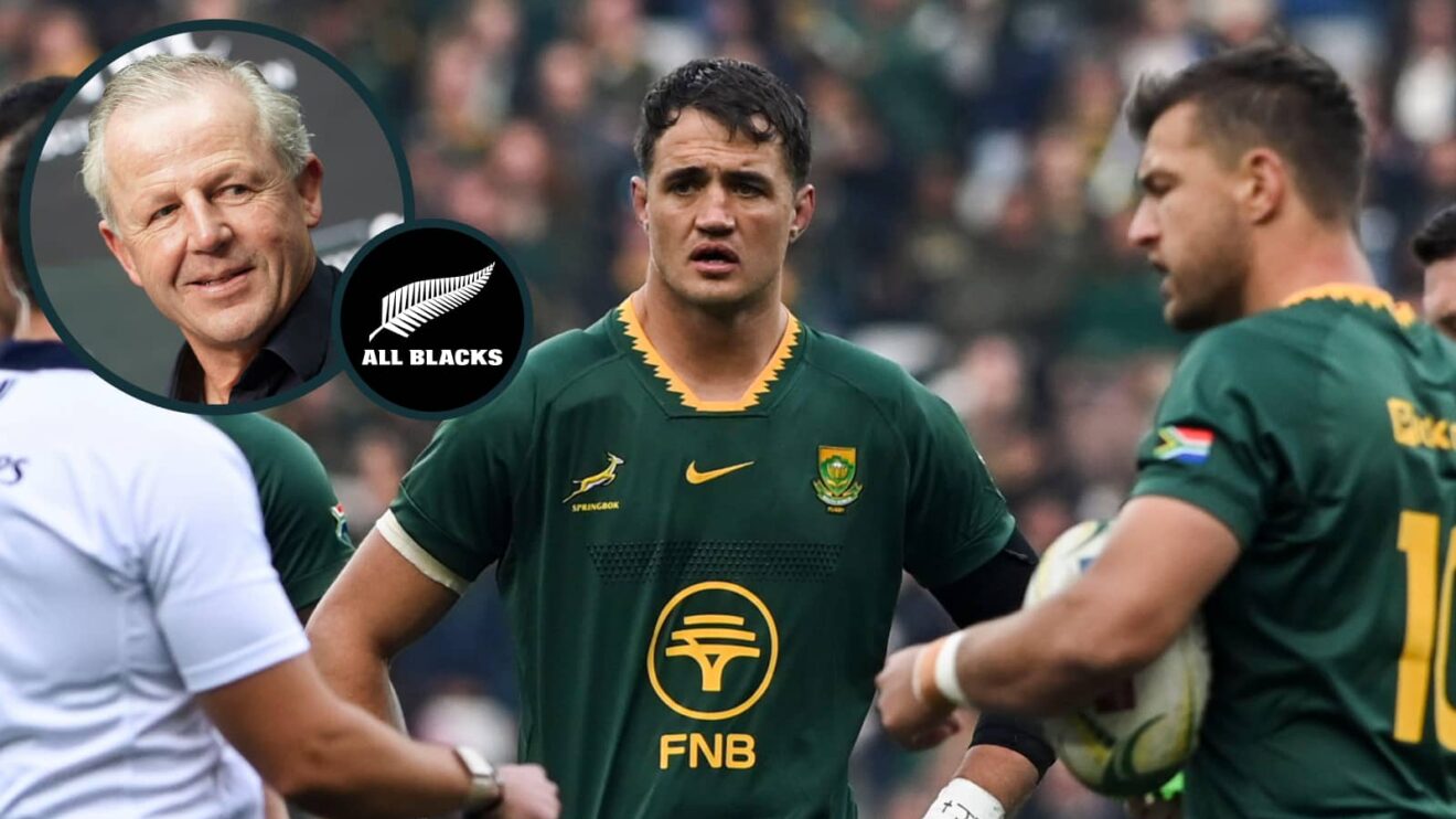 Springboks Franco Mostert and Handre Pollard with an inset of All Blacks legend Sean Fitzpatrick.