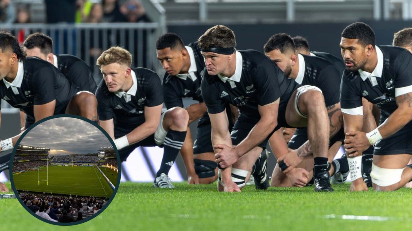 All Blacks performing haka at Eden Park and general view of the iconic stadium (inset).