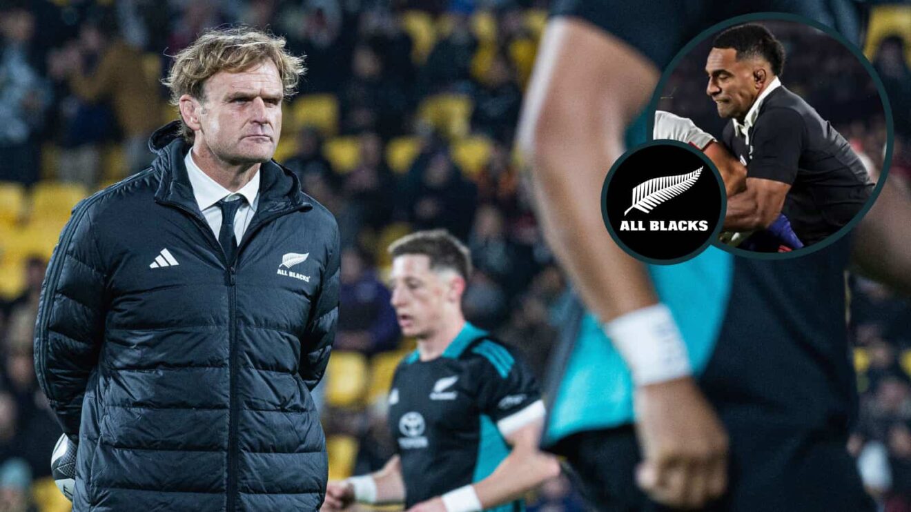 All Blacks head coach Scott Robertson and an inset of winger Sevu Reece.