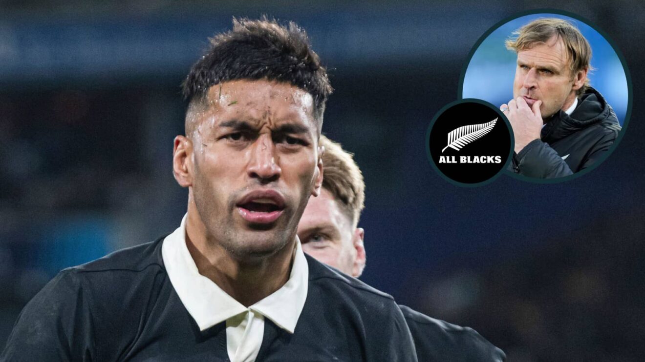 All Blacks back Rieko Ioane and head coach Scott Robertson (inset).