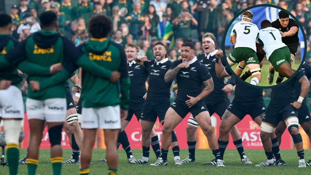 All Blacks perform the Haka before a Test against the Springboks and an inset of the World Rugby U20 Championship final.