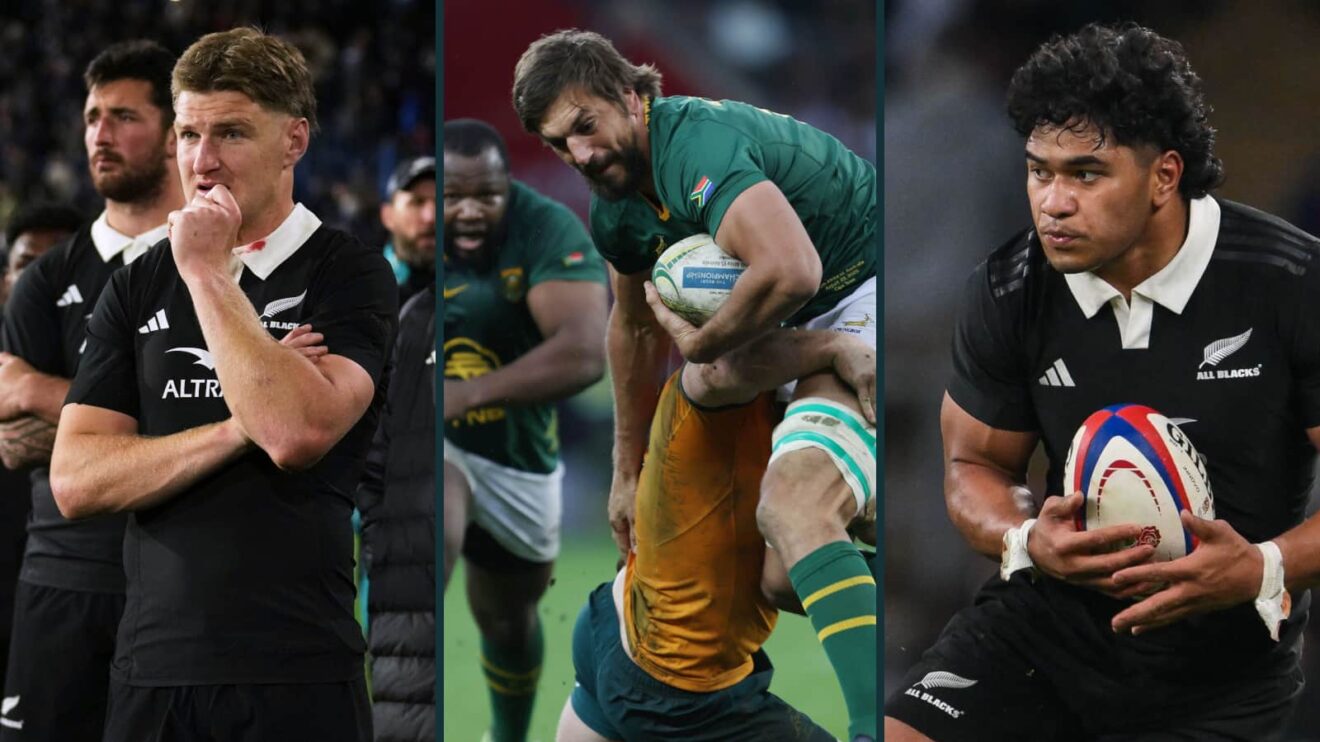 All Blacks Jordie Barrett (left) and Wallace Sititi (right) either side of Springboks lock Eben Etzebeth (middle).