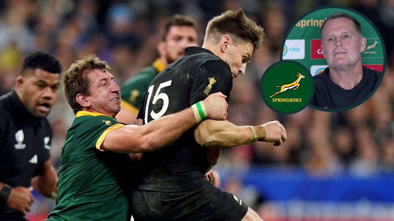 Springboks flanker Kwagga Smith and All Blacks back Beauden Barrett with an inset of Rassie Erasmus.