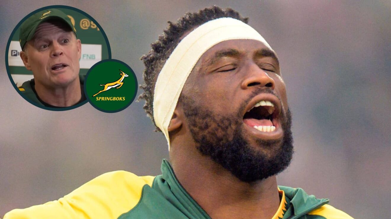 Springboks flanker Siya Kolisi and an inset of head coach Rassie Erasmus.