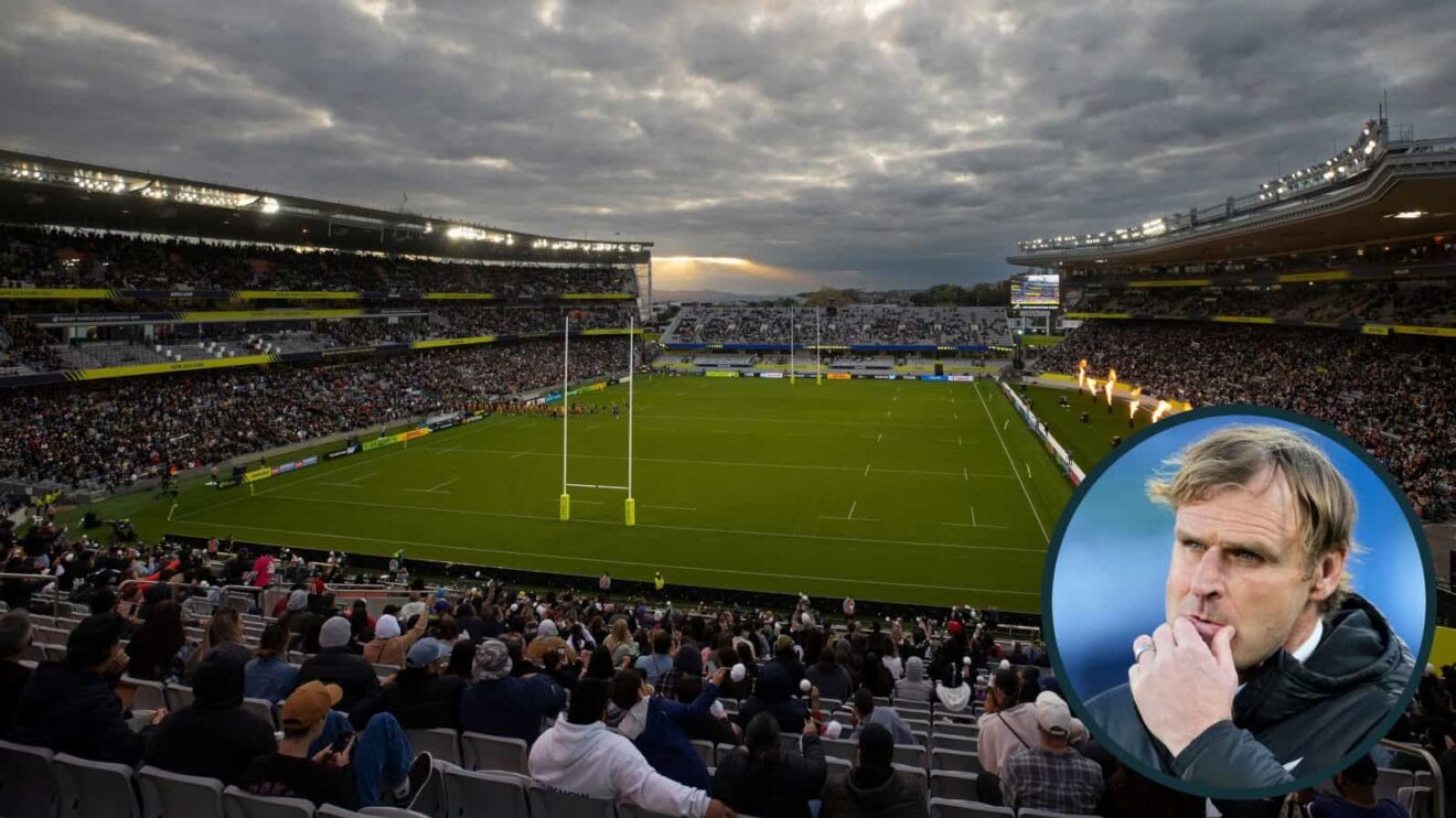 General view of Eden Park and All Blacks head coach Scott Robertson (inset).