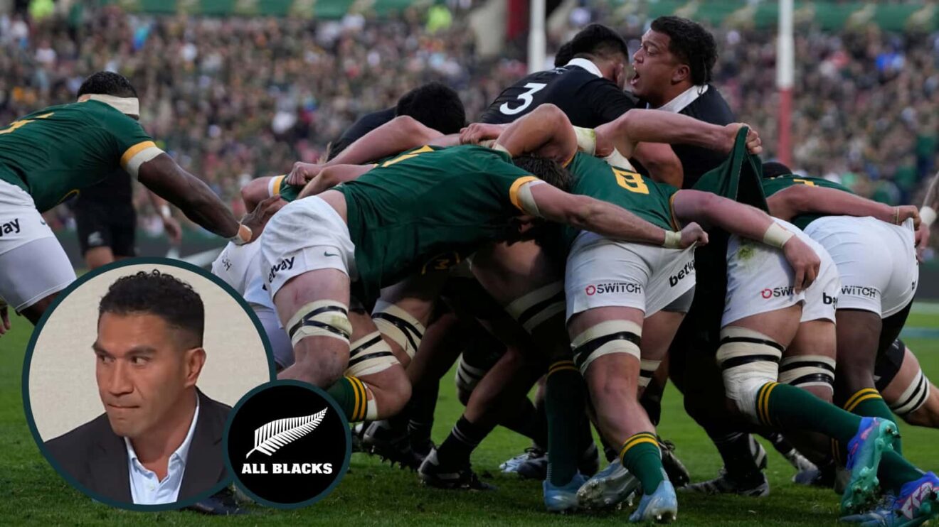 All Blacks maul against the Springboks and New Zealand centurion Mils Muliaina (inset).