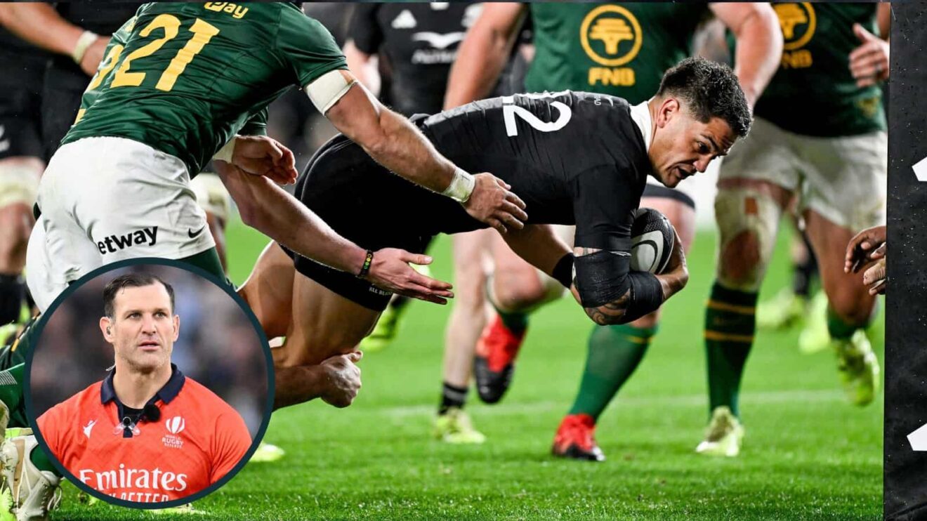 Quinn Tupaea scoring decisive All Blacks try against the Springboks and Karl Dickson (inset), who refereed the Eden Park clash.