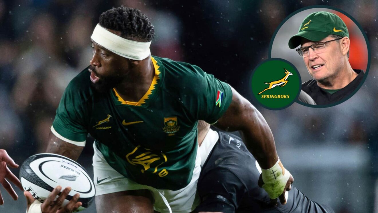 Springboks flanker Siya Kolisi in action against the All Blacks at Eden Park and an inset of head coach Rassie Erasmus.