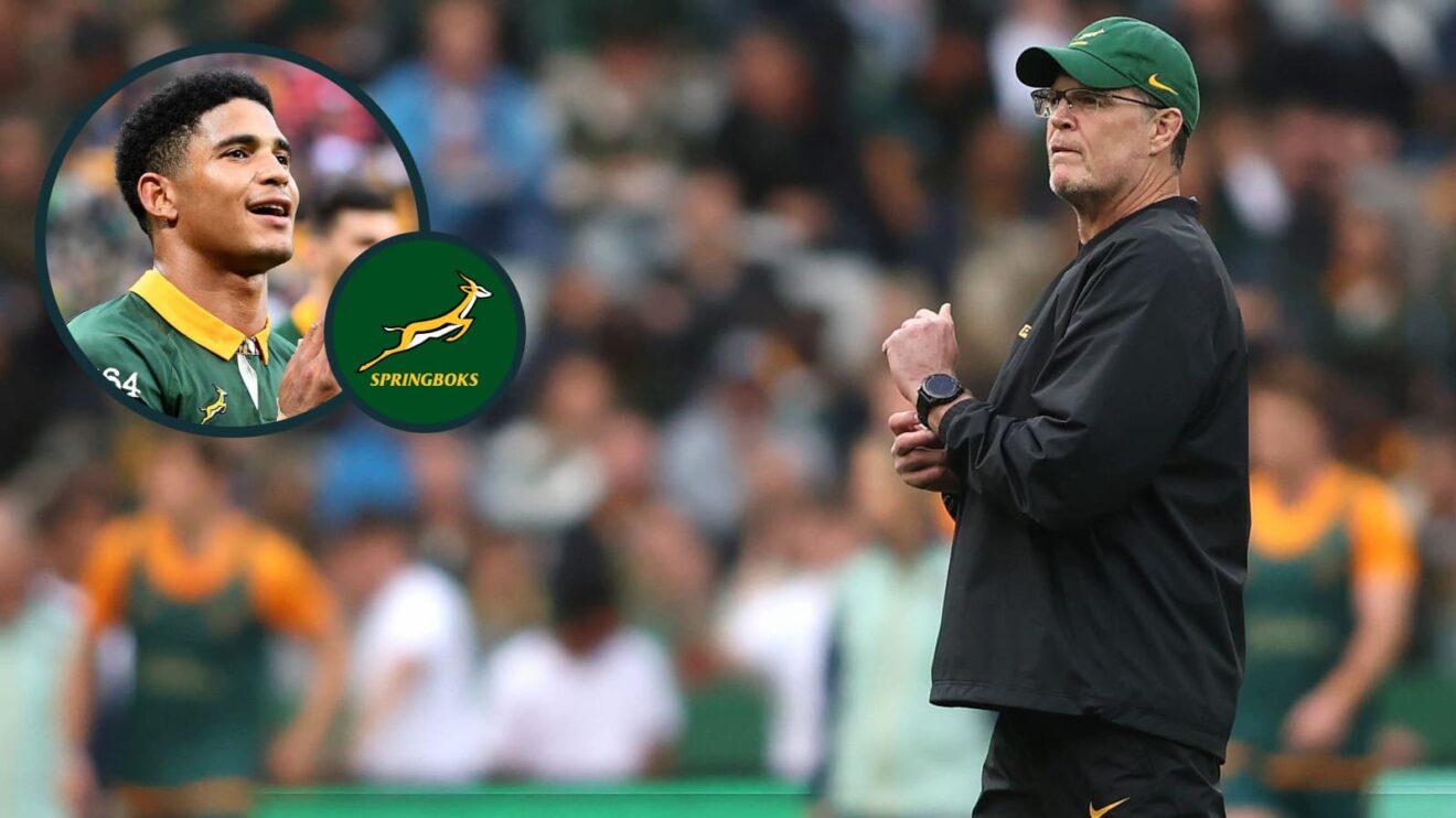 Springboks head coach Rassie Erasmus and fly-half Sacha Feinberg-Mngomezulu (inset).