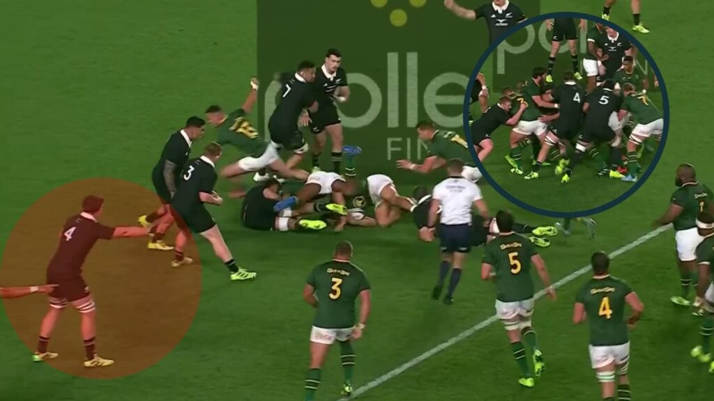 All Blacks captain Scott Barrett spots the Springboks intention to form a midfield lineout and an inset of him stopping it.