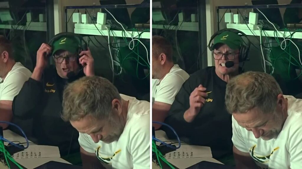 Springboks head coach Rassie Erasmus reacts during the clash against the All Blacks