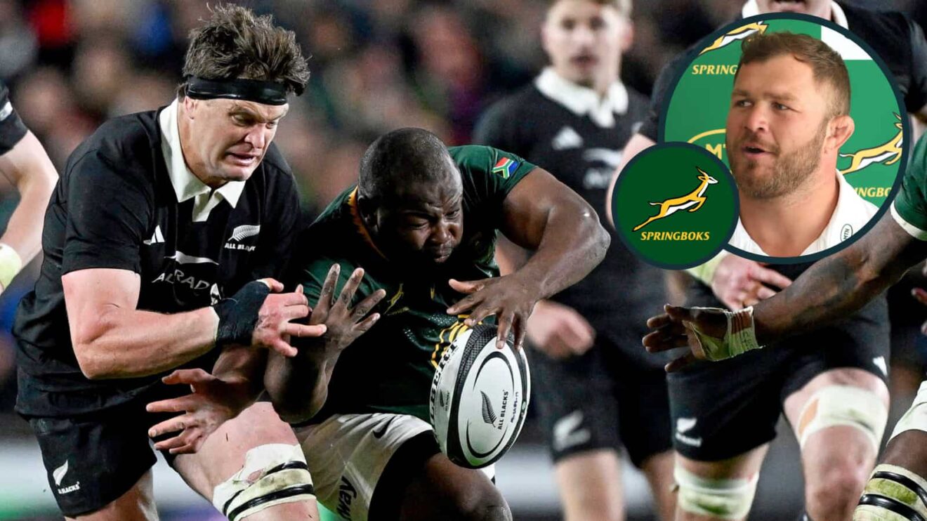 All Blacks captain Scott Barrett and Springboks prop Ox Nche compete for the ball and in an set of Duane Vermeulen.