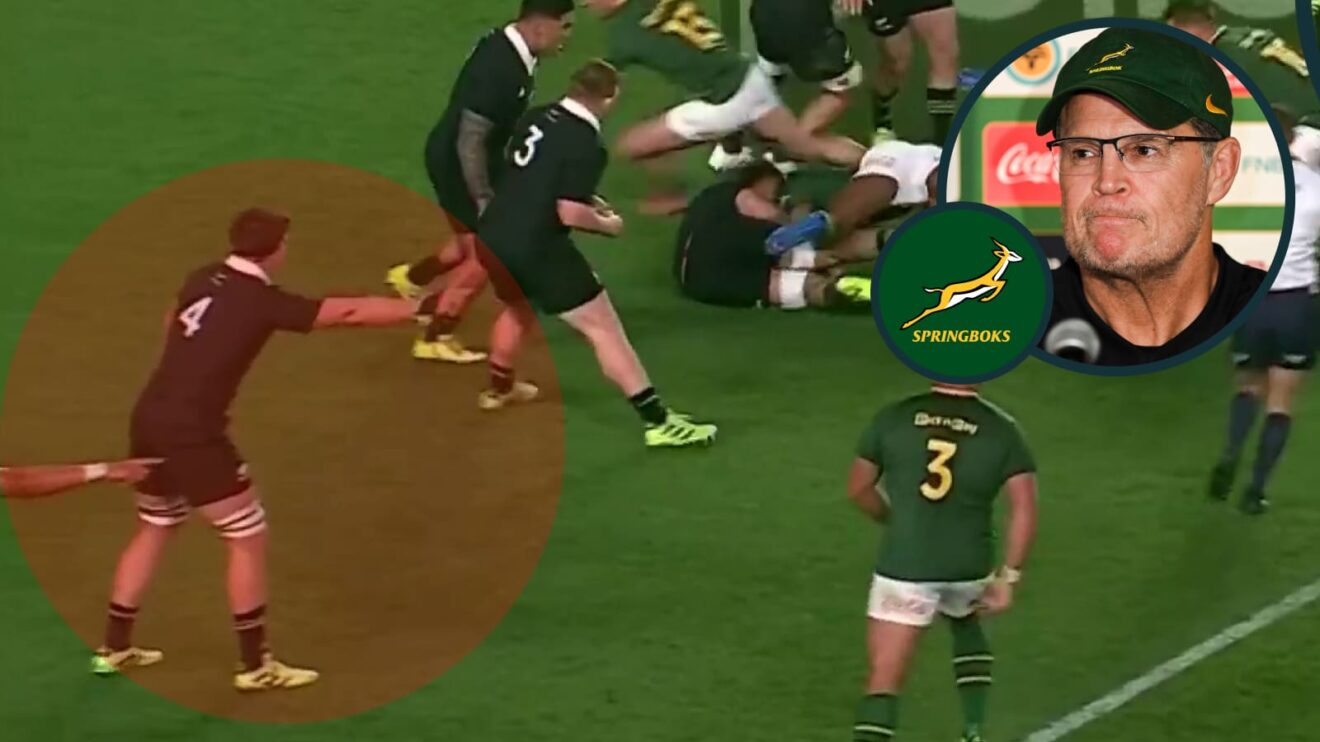 All Blacks image Scott Barrett and an inset of Springboks head coach Rassie Erasmus.