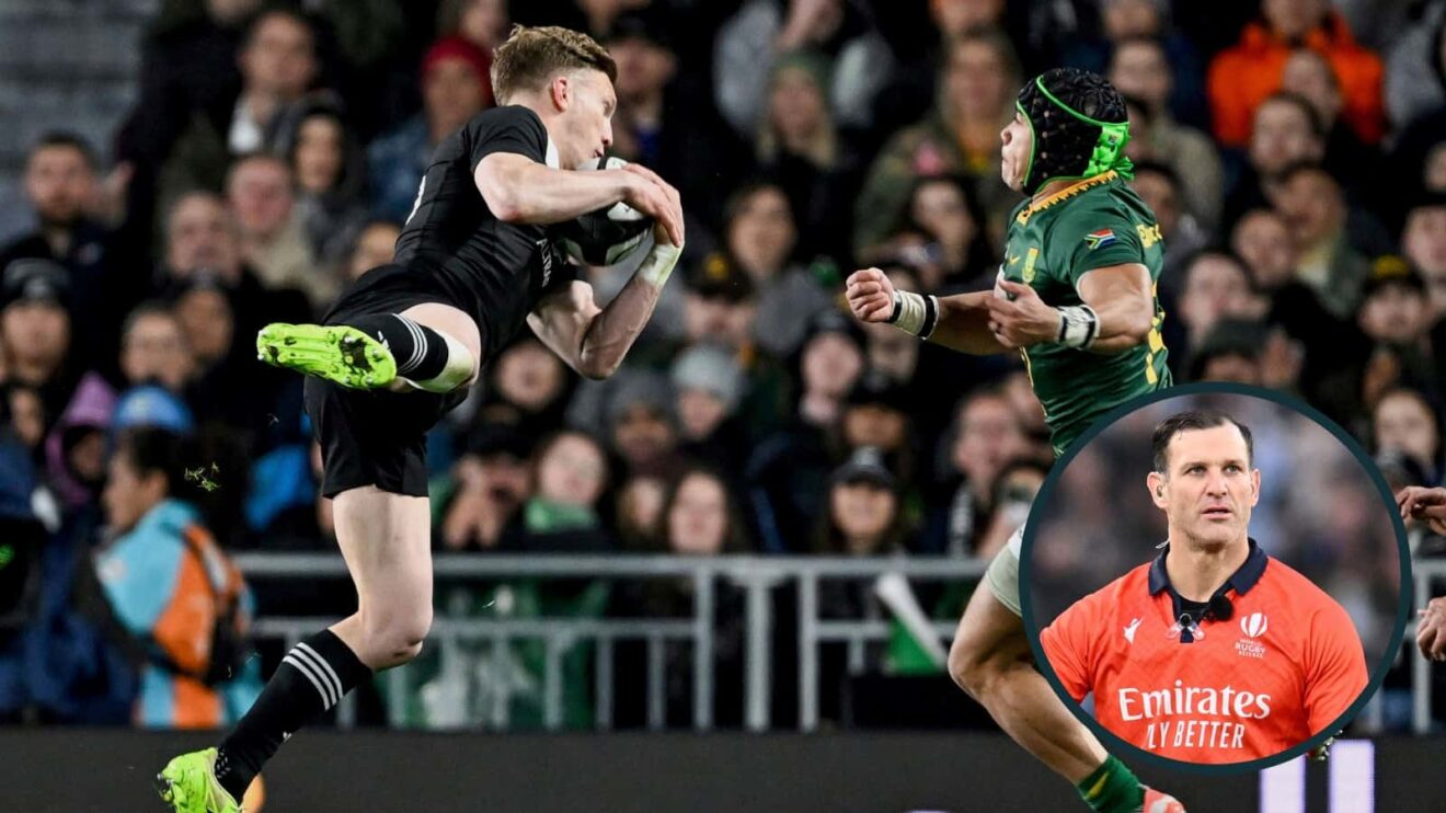 All Blacks taking on the Springboks at Eden Park and referee from that clash, Karl Dickson (inset).