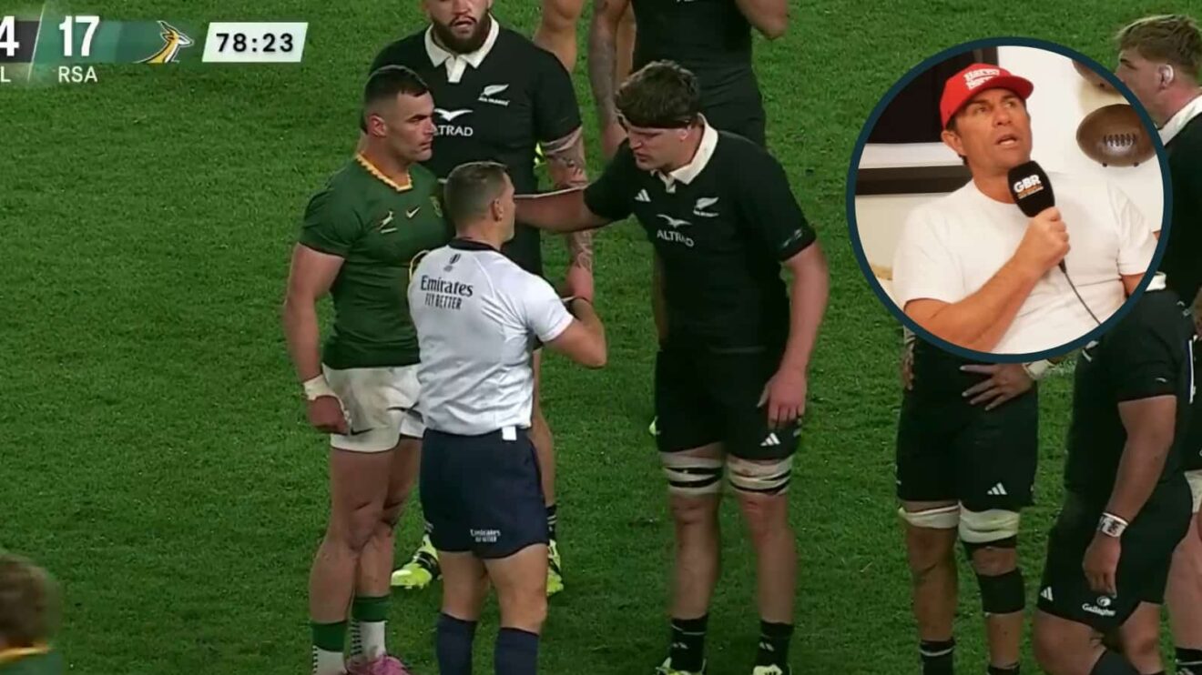Springboks captain Jesse Kriel, All Blacks skipper Scott Barrett talk to referee Karl Dickson and an in set of former scrum-half Justin Marshall.