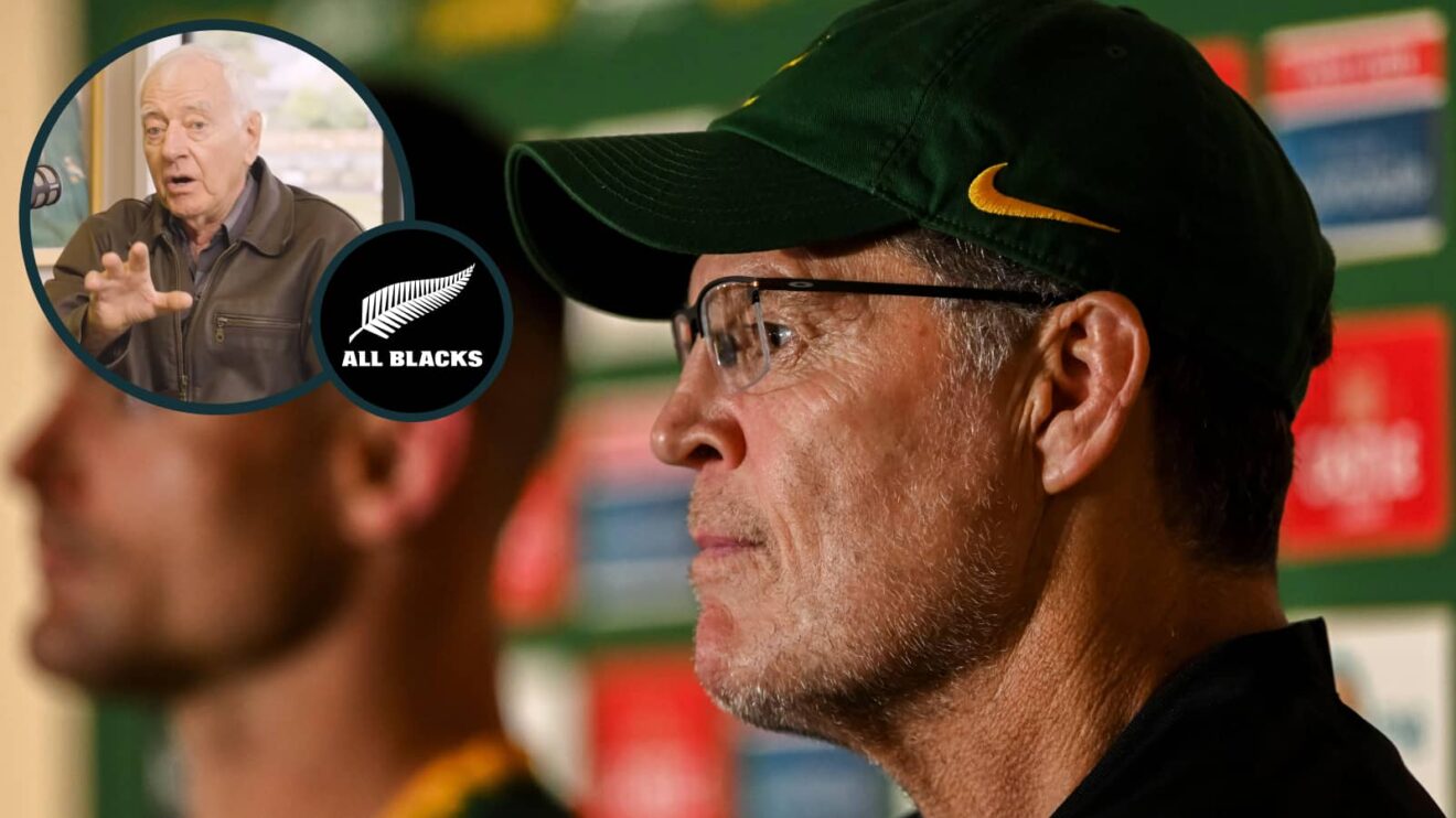 Springboks head coach Rassie Erasmus and an inset of Ex-All Blacks boss Laurie Mains.