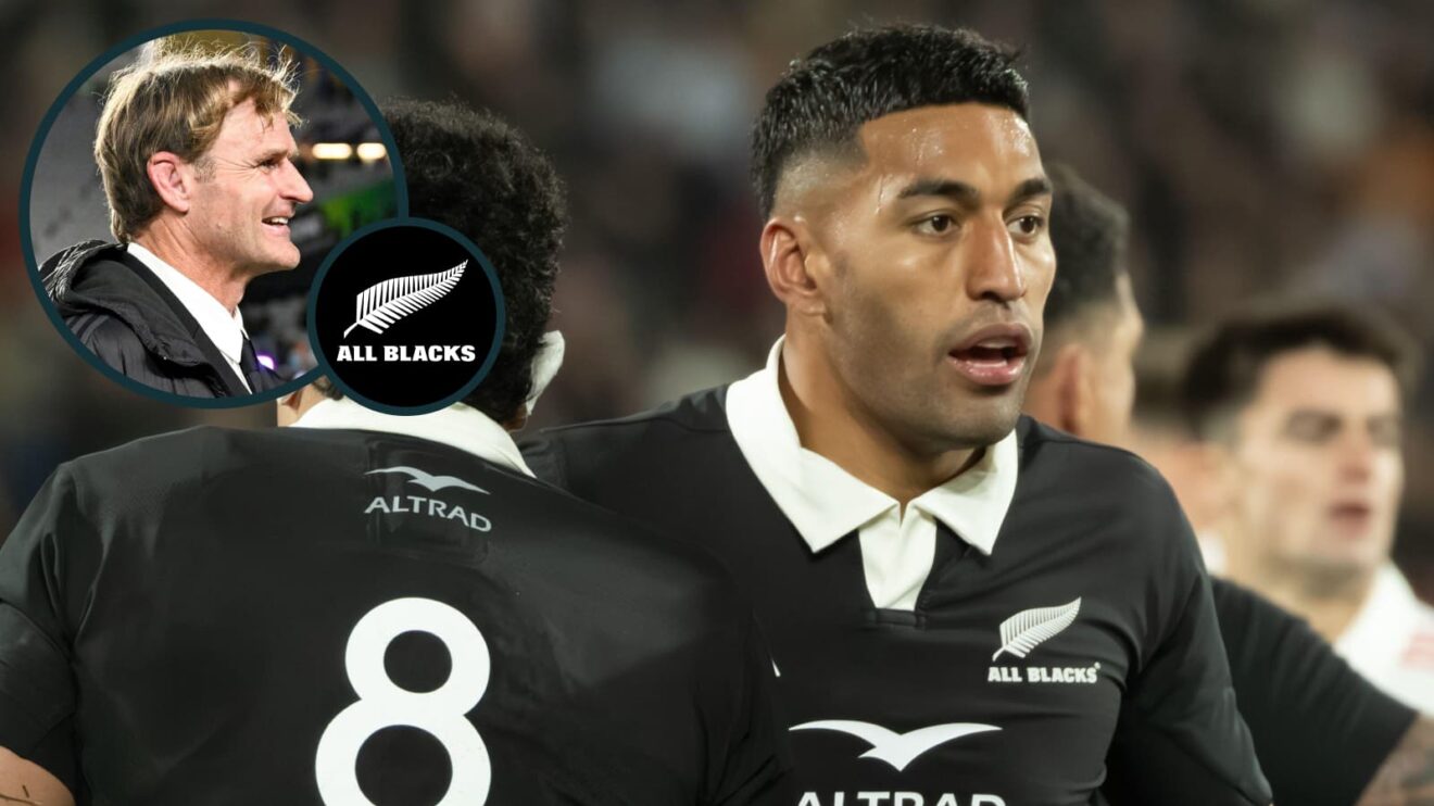 All Blacks winger Rieko Ioane and an inset of head coach Scott Robertson.