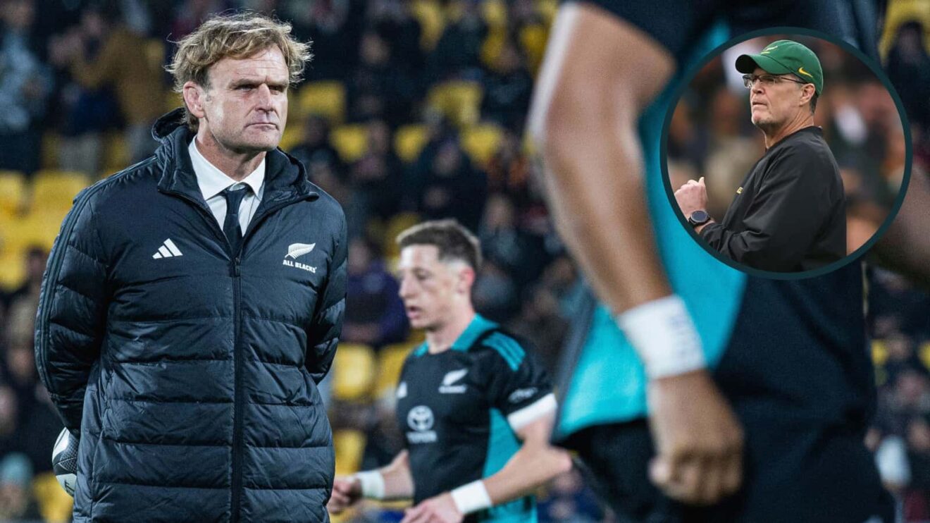 All Blacks head coach Scott Robertson and Springboks boss Rassie Erasmus (inset).