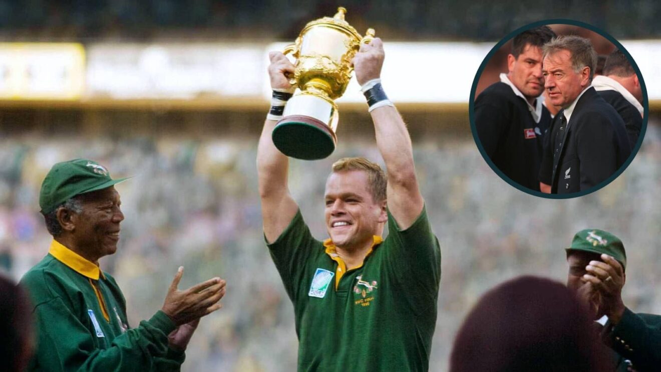 Morgan Freeman and Matt Damon in their roles as Nelson Mandela and Francois Pienaar with an inset of ex-All Blacks coach Luarie Mains.