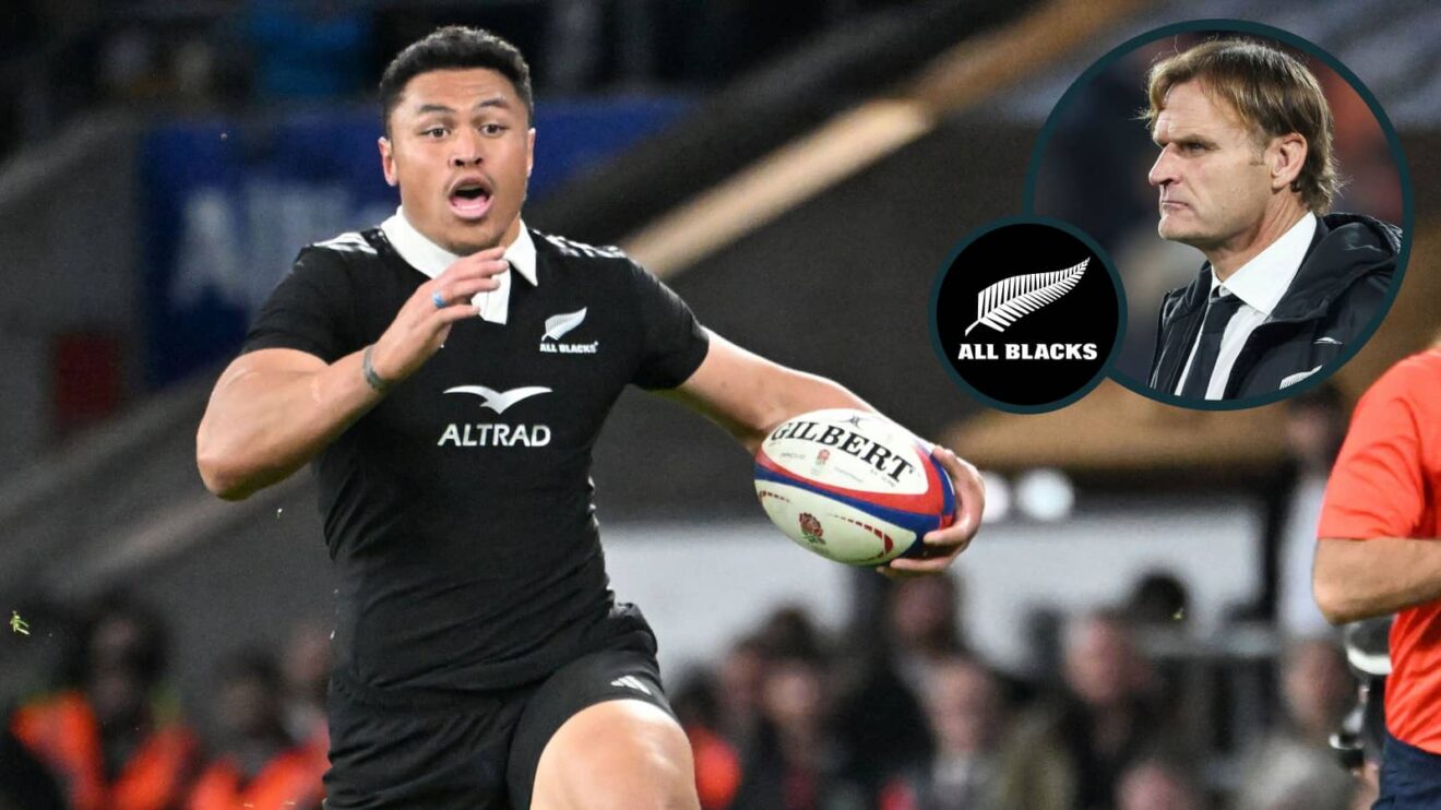 All Blacks wing Caleb Clarke and head coach Scott Robertson (inset).