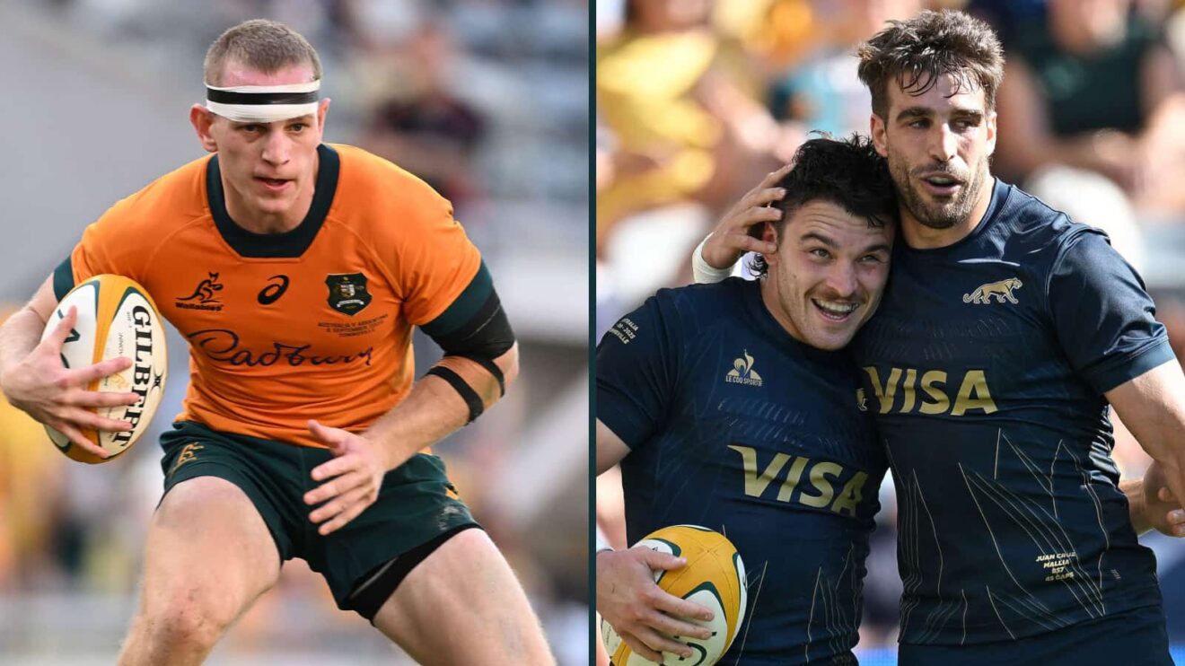 Wallabies winger Max Jorgensen and Los Pumas stars Juan Cruz Mallia and Mateo Carreras