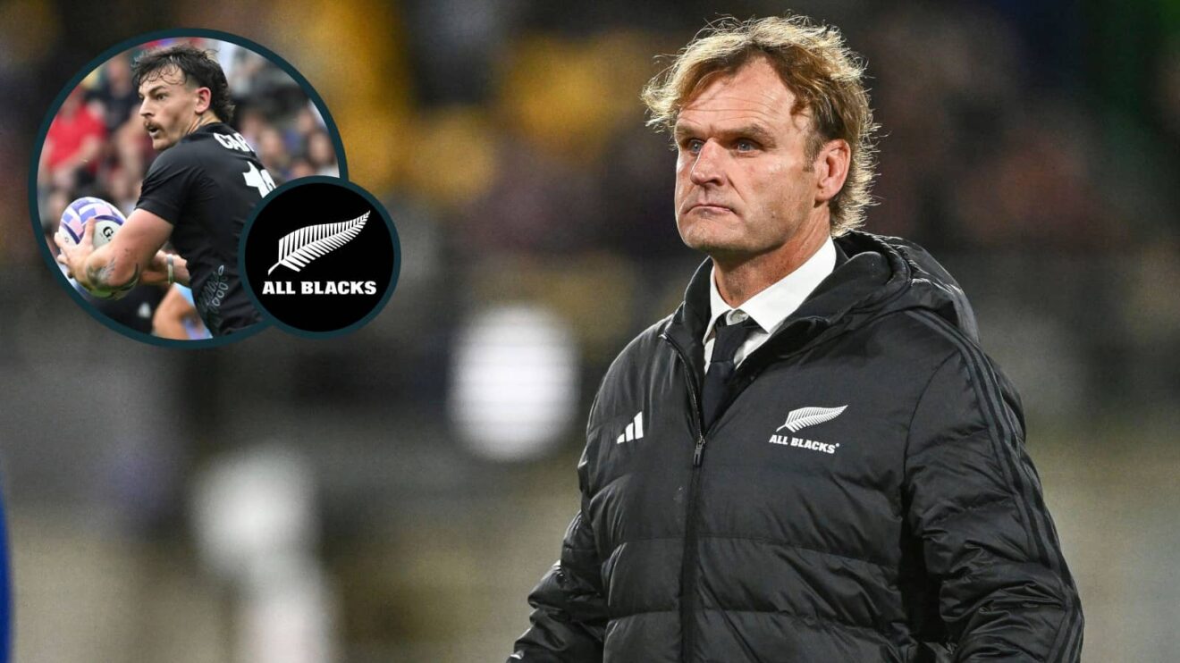 All Blacks head coach Scott Robertson and debutant wing Leroy Carter in action for All Blacks Sevens (inset).